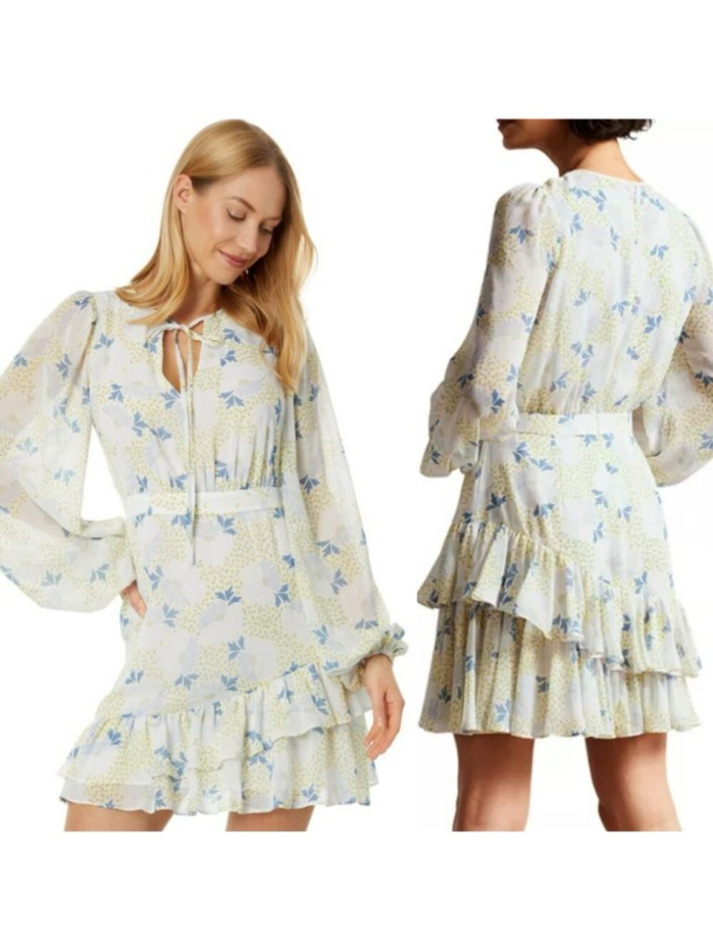Ted Baker Suzie Asymmetric Ruffles Mini Dress White Blue Floral Metallic